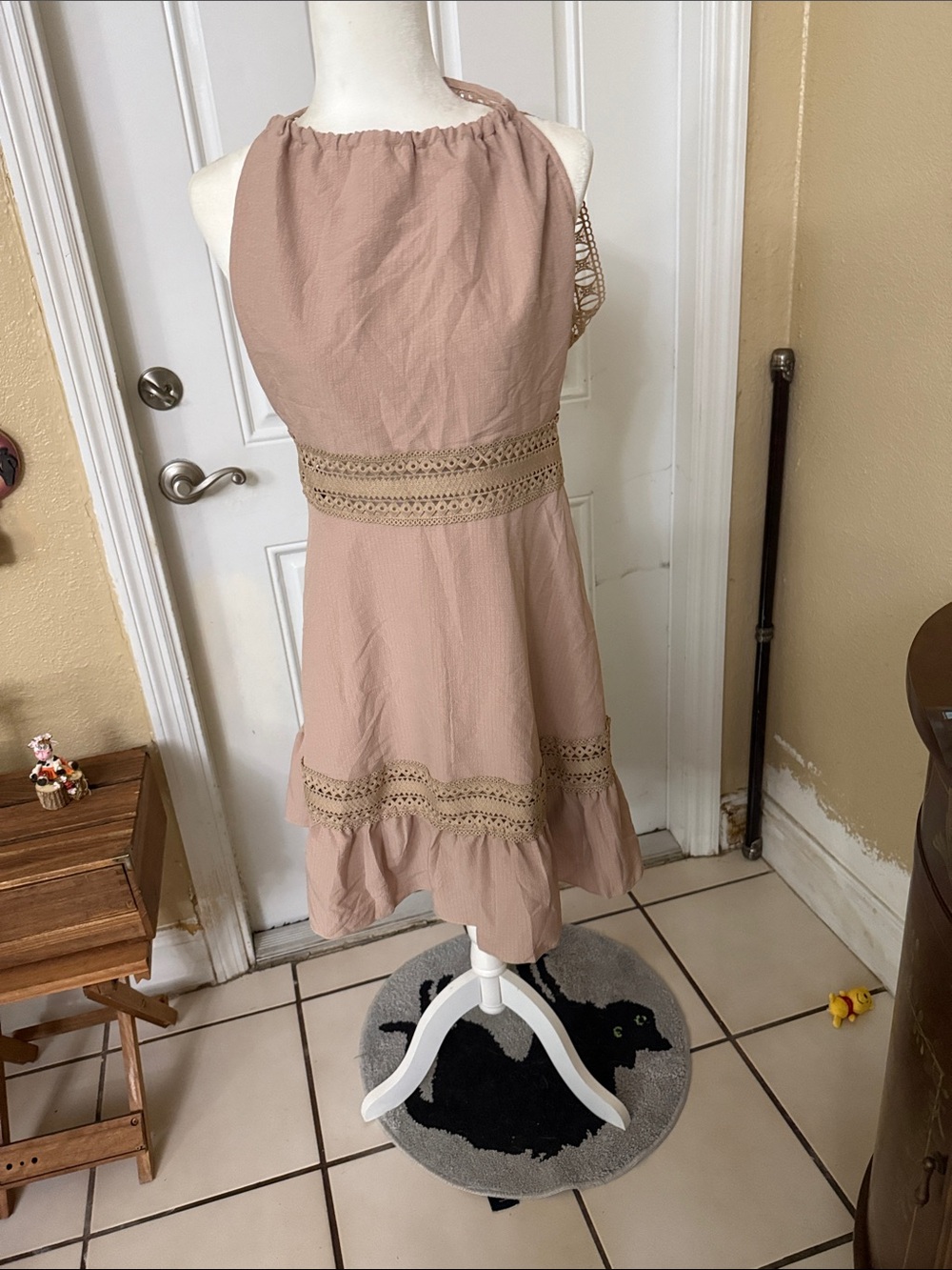 Sleeveless Crochet-Trim Halter Dress in Blush